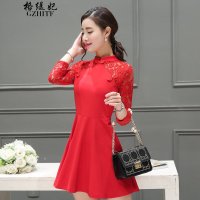 格缇妃 δ3458#2016新款 七分袖复古蕾丝拼接修身旗袍连衣裙薄