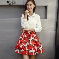 格缇妃 δ8929#2016新款刺绣花朵衬衫+高腰玫瑰花朵A字时尚半