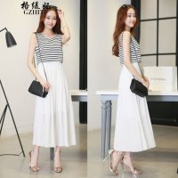 格缇妃 δ新款女装 时尚雪纺连衣裙条纹假两件套装无袖长裙子【8035】