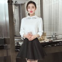 格缇妃 δ8010#2016春新款韩版两件套雪纺衫小香风短裙套装裙