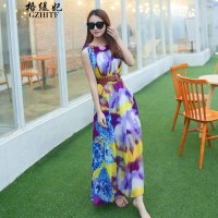 格缇妃 δ大码海边度假波西米亚长裙胖MM沙滩裙印花无袖雪纺显瘦连衣裙