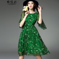 格缇妃 δ2016春装新品岩花修身五分袖大摆印花连衣裙1661#