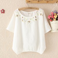 格缇妃 δ2016夏装刺绣亚麻棉麻女装短袖上衣宽松加大码胖mm打底衫T恤