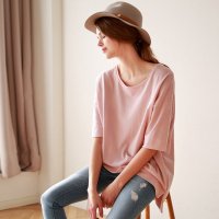 格缇妃 δ1936#夏装新款纯棉短袖t恤女款纯色中长款打底衫宽松大码