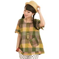 格缇妃 δ文艺拼色宽松棉麻女装大码t恤圆领女式上衣2016夏装新款女装