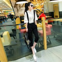 格缇妃 δ 2016新款百搭白色衬衫哈伦小脚裤背带裤休闲两件套装女043#