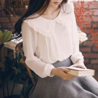 格缇妃 δ2015秋款娃娃领白长袖韩版大翻领宽松雪纺衬衣西314_5530_25