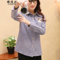 格缇妃 2016春竖条纹职业装长袖衬衫刺绣猫咪衬衣女