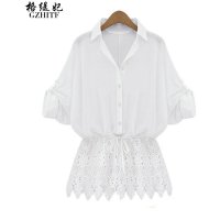 格缇妃 δ2015秋装宽松大码显瘦收腰裙摆系带蕾丝拼接衬衫非A030148133