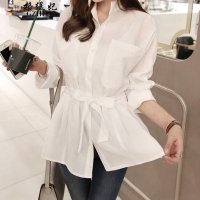 格缇妃 δ秋新韩版女装长袖收腰中长款衬衫大260_5117_45