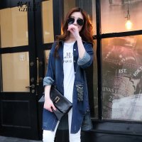 格缇妃 δ2015秋款中长款女士大码磨破洞牛仔衣宽松外套