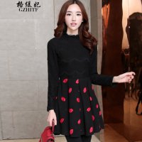 格缇妃 δ2015冬装新款长袖加绒加厚蕾丝毛呢连衣修身打底裙国458_8179_48