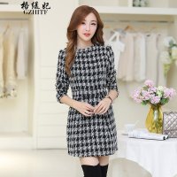 格缇妃 δ2015秋冬韩版修身长袖千鸟格毛呢连衣短裙女420_8226_55