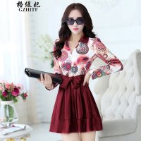 格缇妃 δ2015新款韩版长袖大码女装印花拼接修身假两件连衣裙