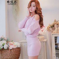 格缇妃 δ2015秋装新款性感露肩吊带修身毛衣裙包臀打底针织连衣裙