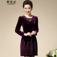 格缇妃 δ2015秋装长袖防金丝绒连衣裙修身妈妈装女装中年A字裙子921