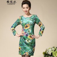 格缇妃 δ2015秋季新款印花防金丝绒中年妈妈装修身长袖连衣裙中长款969