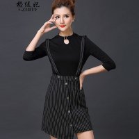 格缇妃 δ2015新款拼接条纹不规则裙摆修身假两件背带连衣裙女43_8008_50