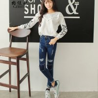 格缇妃 δ韩版破洞补丁显瘦小脚牛仔裤女长裤新金马119_9050_38