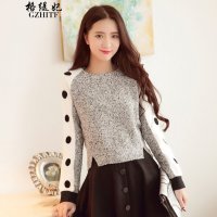 格缇妃 δ2015秋冬韩版甜美拼接毛呢圆点修身短外套非A024142042