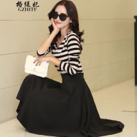 格缇妃 δ2015秋装条纹长袖T恤A型大摆两件套裙150824004BSQ