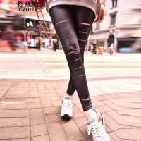 格缇妃 δ2015新款破洞仿皮黑色显瘦韩版打底裤小脚九分裤西410_7398_16