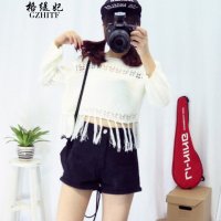 格缇妃 δ2015秋冬新款韩版女装镂空流苏宽松套头毛衣女装西206_8130_39