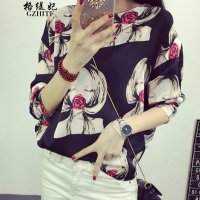 格缇妃 δ2015秋装新款甜美可爱奋斗女孩头像印花拼接长袖圆领宽松T恤