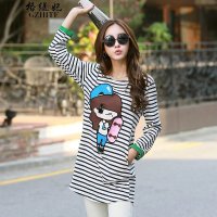 格缇妃 δ2015秋款经典条纹印花可爱女孩圆领拼色宽松t恤150824013TX