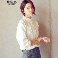 格缇妃 δ2015秋装韩版修身荷叶花边小立领衬衫150824054CY