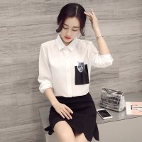 格缇妃 ぶ1683# 2016春装新款猫咪印花口袋长袖雪纺衬衫上衣女