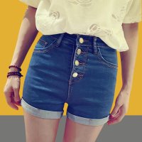 格缇妃 ぶ韩版排扣高腰牛仔短裤女夏mm大码显瘦休闲弹力修身卷边热薄裤8612