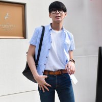 格缇妃 ぶ夏季新款韩版潮青年男士时尚短袖衬衫韩版修身版衬衣男装081-1#