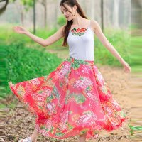 格缇妃 ぶ 民族风 夏装大摆裙 双层半裙女数码印花雪纺半身裙女8153