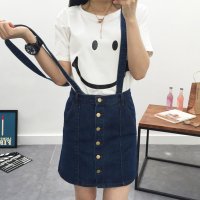 格缇妃 ぶ2016夏季新款可拆卸牛仔背带背带高腰半身裙排扣A字裙1970#