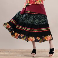 格缇妃 ぶ 民族风女装大牡丹印花拼色大摆长裙广场舞 半身裙8015#