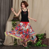 格缇妃 ぶ 新款民族风夏款印花拼接大摆裙不规则下摆两穿裙3138
