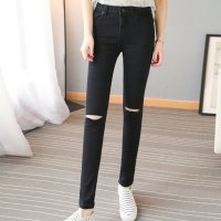 格缇妃 ぶ 2016春季韩版简约百搭显瘦水洗做旧破洞长款牛仔裤1167#