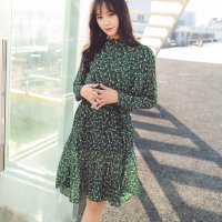 格缇妃 ぶ 2016新款大码女装修身碎花雪纺连衣裙送腰带3881#