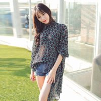 格缇妃 ぶ2016大码女装褶皱碎花雪纺衬衣连衣裙送腰带3883#