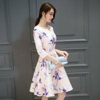 格缇妃 ぶ2016新款春装印花中裙一字领七分袖连衣裙打底修身A字裙16835