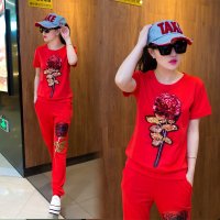 格缇妃 ぶ809#夏装新款休闲运动套装女亮片一枝花纯棉舒适卫衣长裤两件套