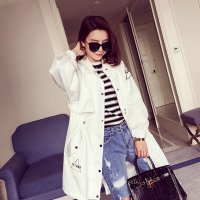 格缇妃 ぶ2016新款韩范撞色字母收腰中长款棒球风衣外套女