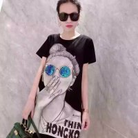 格缇妃 2016夏装女孩印花眼镜亮片宽松中长款长袖女开叉T恤短袖δ1631#