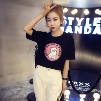 格缇妃 2016春装新款韩版百搭宽松T圆领五分袖印花猫咪T恤衫δ5016#