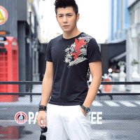 格缇妃 ぶ 2016新品中国风男士短袖T恤鲤鱼图案印花纹身民族风圆领夏季修身半袖815