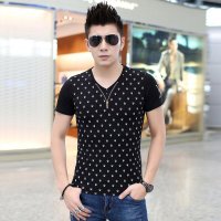 格缇妃 ぶ 2016新品男士T恤土豪金拉链异型领韩版男装修身短袖衫半袖T恤 黑色 L