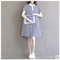格缇妃 ぶ 2016夏韩版条纹中长款短袖t恤裙大码宽松连衣裙929#