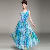 格缇妃 ぶ2016夏季新款雪纺大花长裙圆领雪纺连衣裙女118#