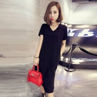 格缇妃 ぶ韩版中长款短袖连衣裙侧开叉打底t恤裙女